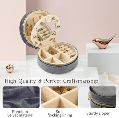 Velvet Jewelry Organizer, Mini Travel Jewelry Case, Small Portable Travel Jewelry Organizer Box with Mirror for Earrings Bracelets Rings Necklace (Beige)