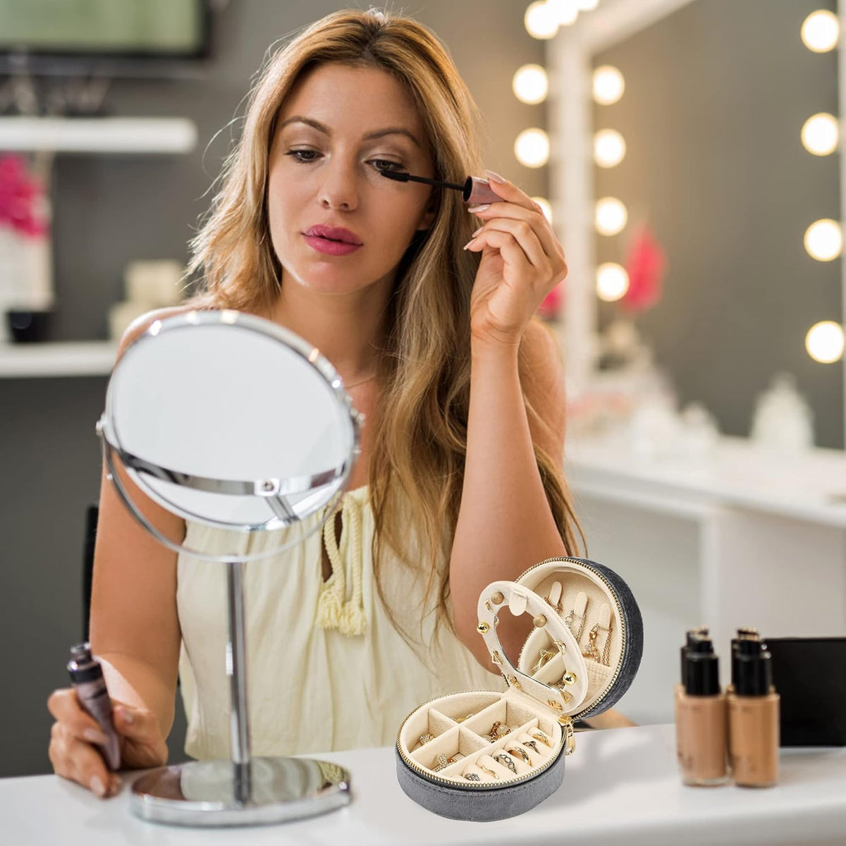 Velvet Jewelry Organizer, Mini Travel Jewelry Case, Small Portable Travel Jewelry Organizer Box with Mirror for Earrings Bracelets Rings Necklace (Beige)