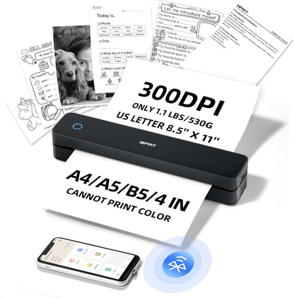 Portable-Printer Wireless for Travel,300DPI Inkless Thermal Small Printers for Home Use,Office,Vehicles,Mobile Bluetooth Printer Supports 8.5" x 11" US Letter,for Smartphone & PC,Black