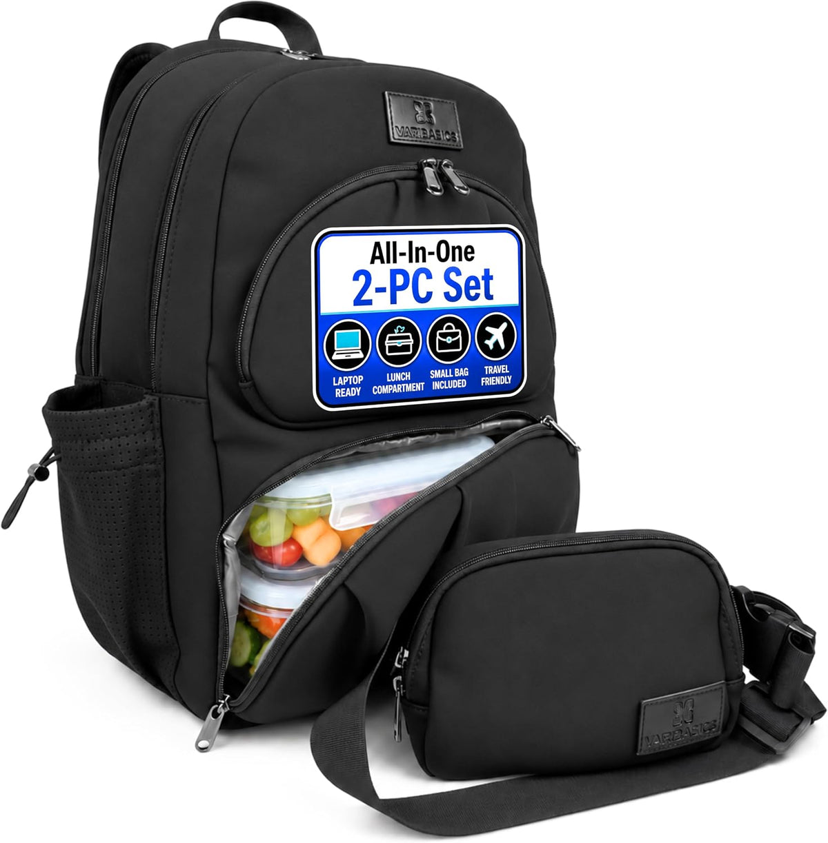 2 Piece Laptop Backpack and Crossbody Bag and Lunch Cooler for Women, Black | Full size 18 inch neoprene work backpack, structured lunch compartment, fits 17 inch laptop, carry on personal item