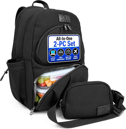 2 Piece Laptop Backpack and Crossbody Bag and Lunch Cooler for Women, Black | Full size 18 inch neoprene work backpack, structured lunch compartment, fits 17 inch laptop, carry on personal item