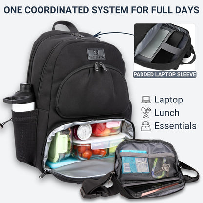 2 Piece Laptop Backpack and Crossbody Bag and Lunch Cooler for Women, Black | Full size 18 inch neoprene work backpack, structured lunch compartment, fits 17 inch laptop, carry on personal item