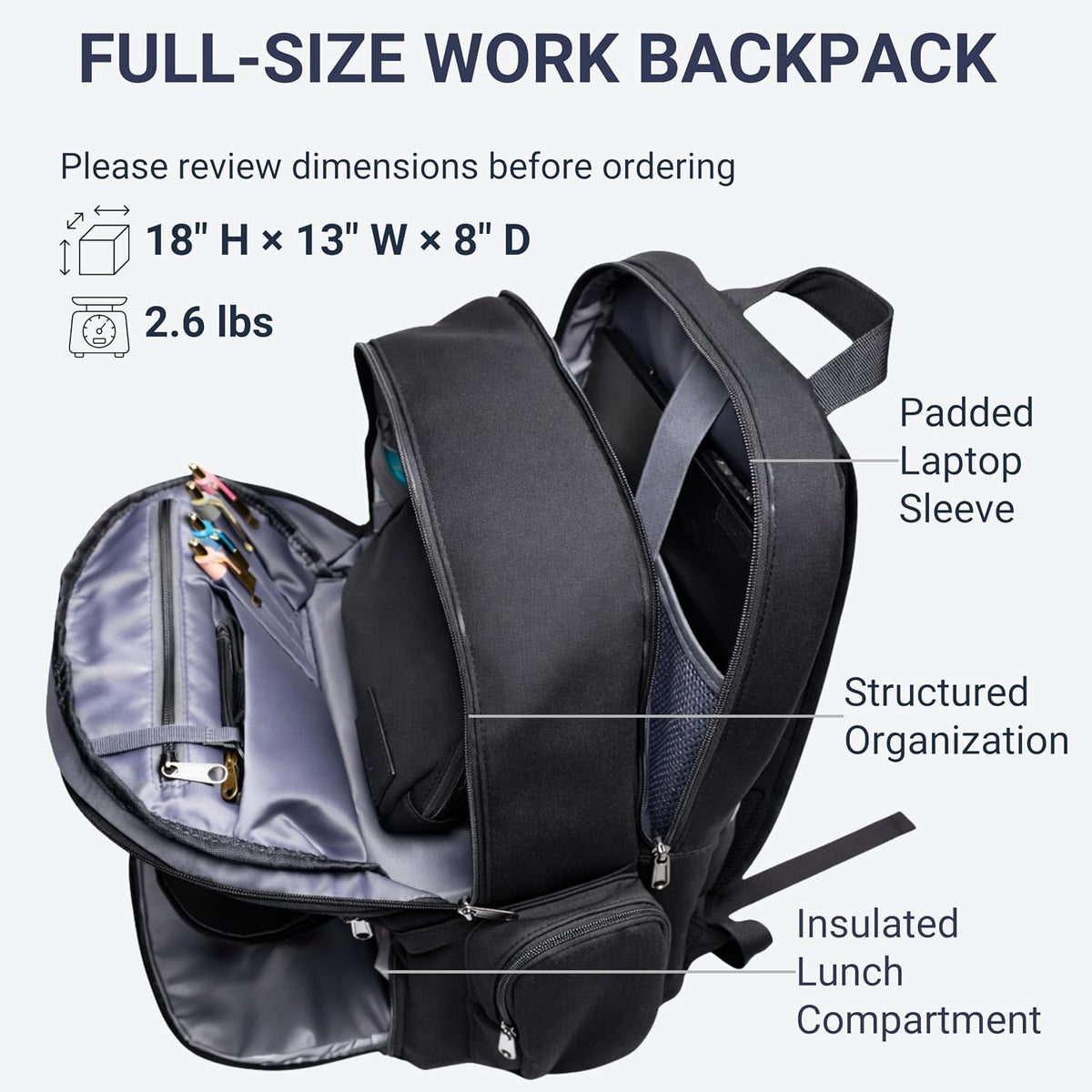 2 Piece Laptop Backpack and Crossbody Bag and Lunch Cooler for Women, Black | Full size 18 inch neoprene work backpack, structured lunch compartment, fits 17 inch laptop, carry on personal item