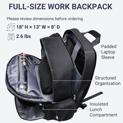 2 Piece Laptop Backpack and Crossbody Bag and Lunch Cooler for Women, Black | Full size 18 inch neoprene work backpack, structured lunch compartment, fits 17 inch laptop, carry on personal item