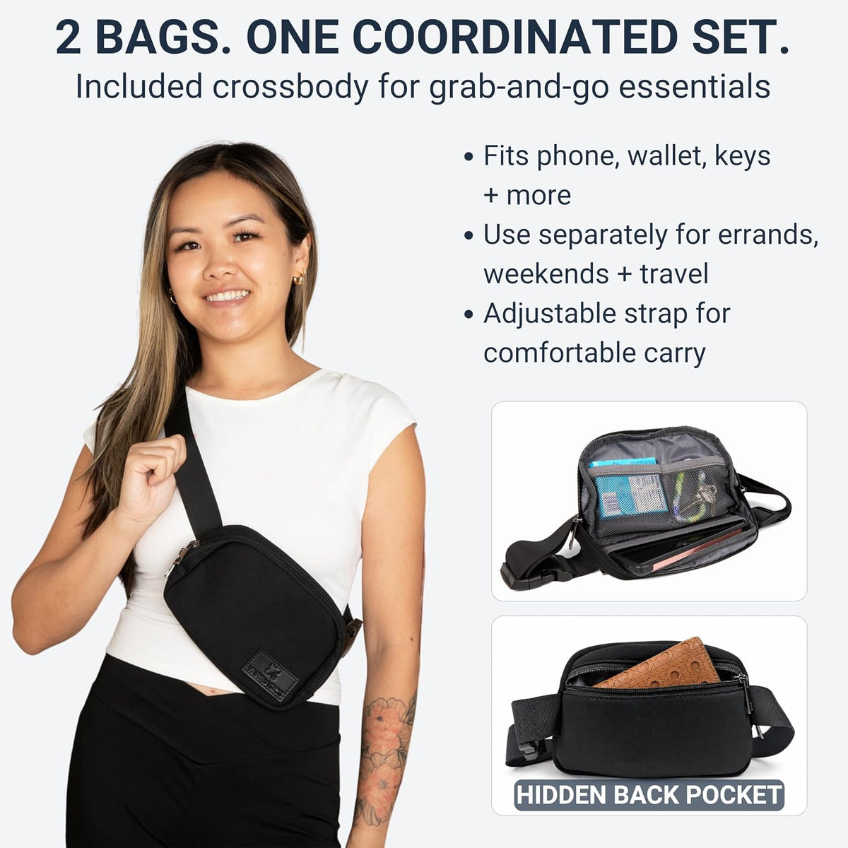 2 Piece Laptop Backpack and Crossbody Bag and Lunch Cooler for Women, Black | Full size 18 inch neoprene work backpack, structured lunch compartment, fits 17 inch laptop, carry on personal item