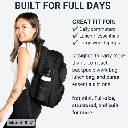 2 Piece Laptop Backpack and Crossbody Bag and Lunch Cooler for Women, Black | Full size 18 inch neoprene work backpack, structured lunch compartment, fits 17 inch laptop, carry on personal item