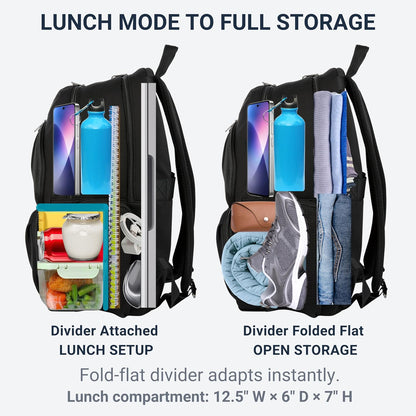 2 Piece Laptop Backpack and Crossbody Bag and Lunch Cooler for Women, Black | Full size 18 inch neoprene work backpack, structured lunch compartment, fits 17 inch laptop, carry on personal item