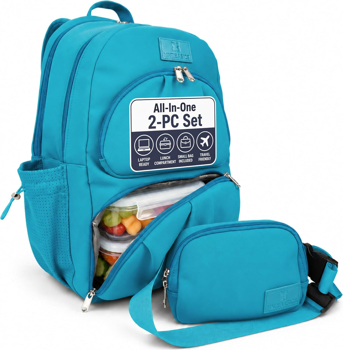 2 Piece Laptop Backpack and Crossbody Bag and Lunch Cooler for Women, Black | Full size 18 inch neoprene work backpack, structured lunch compartment, fits 17 inch laptop, carry on personal item