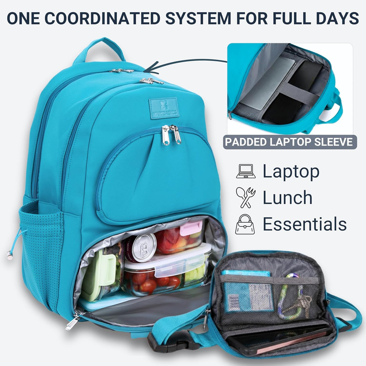 2 Piece Laptop Backpack and Crossbody Bag and Lunch Cooler for Women, Black | Full size 18 inch neoprene work backpack, structured lunch compartment, fits 17 inch laptop, carry on personal item