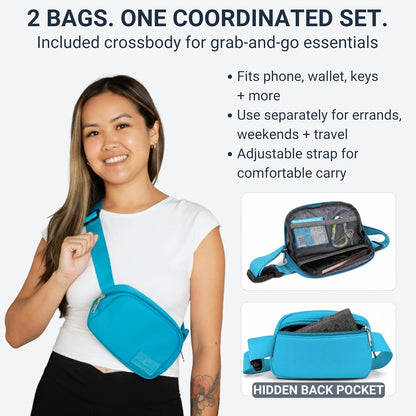 2 Piece Laptop Backpack and Crossbody Bag and Lunch Cooler for Women, Black | Full size 18 inch neoprene work backpack, structured lunch compartment, fits 17 inch laptop, carry on personal item