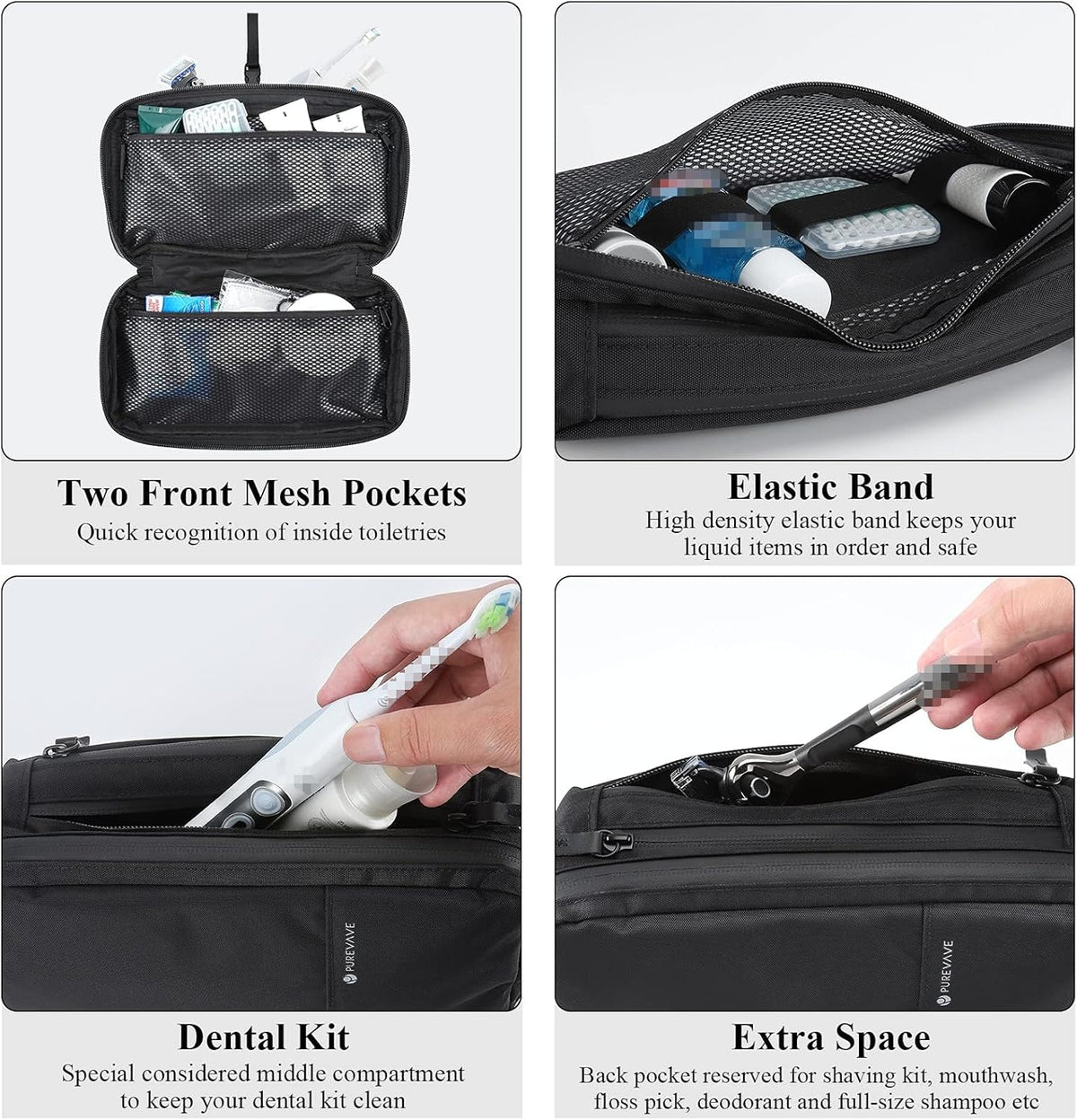 Purevave Compact Mens Toiletry Travel Bag Hanging, Mens Dopp Kit for Travel Waterproof, Wash Pouch Black