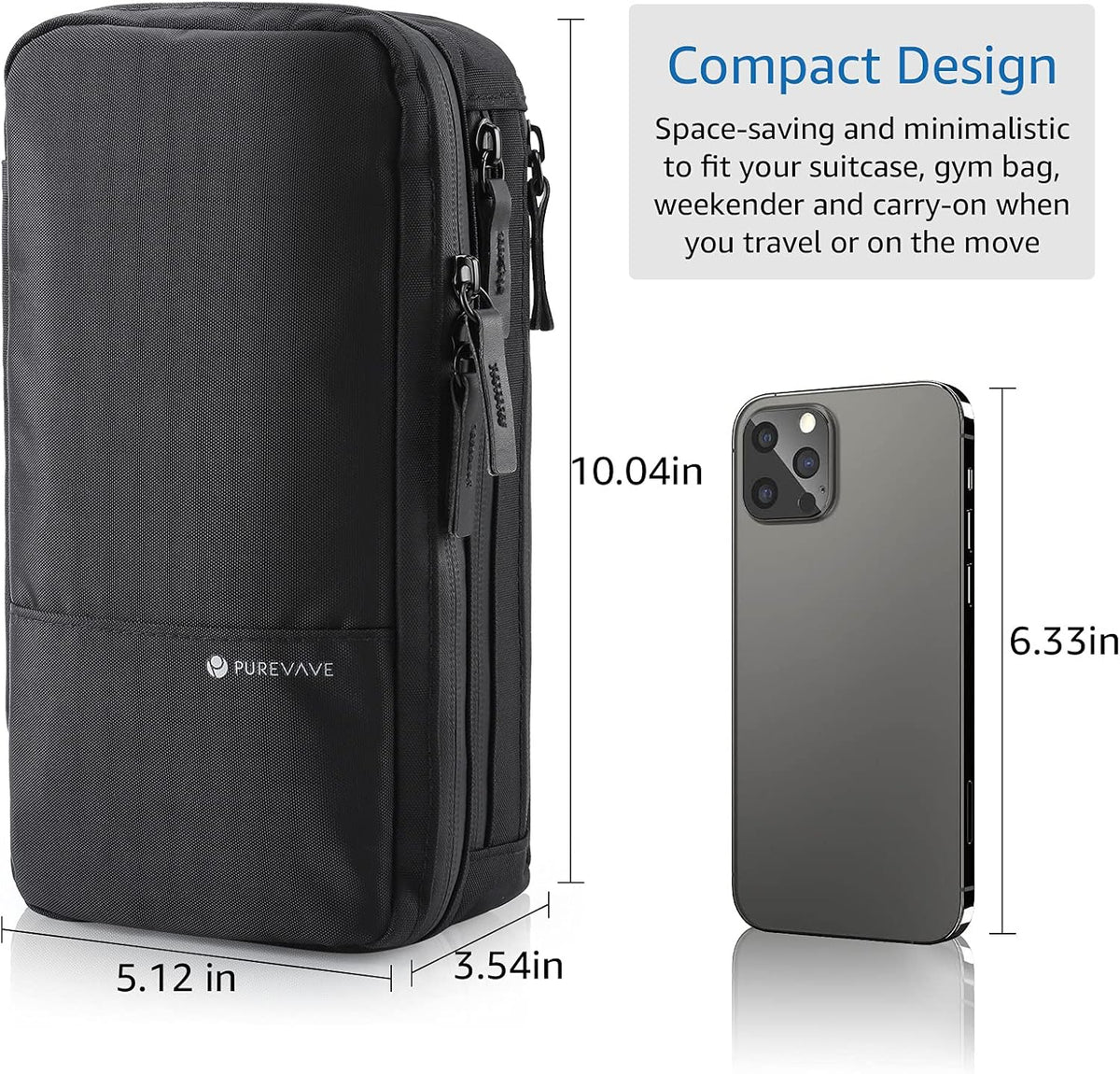 Purevave Compact Mens Toiletry Travel Bag Hanging, Mens Dopp Kit for Travel Waterproof, Wash Pouch Black