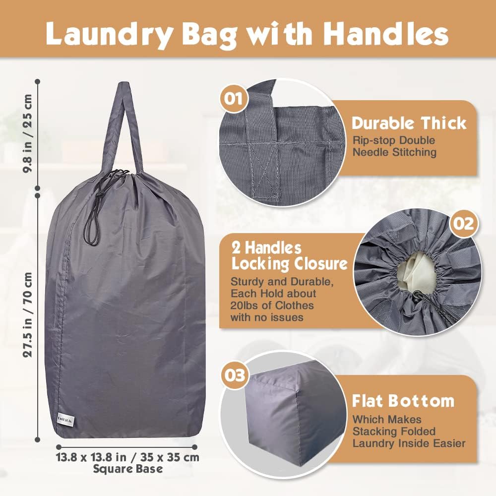Washable Travel Laundry Bag with Handles and Drawstring, Heavy Duty Large Enough to Hold 3 Loads of Laundry, Fit a Laundry Basket or Clothes Hamper, 27.5x34.5 in,Grey