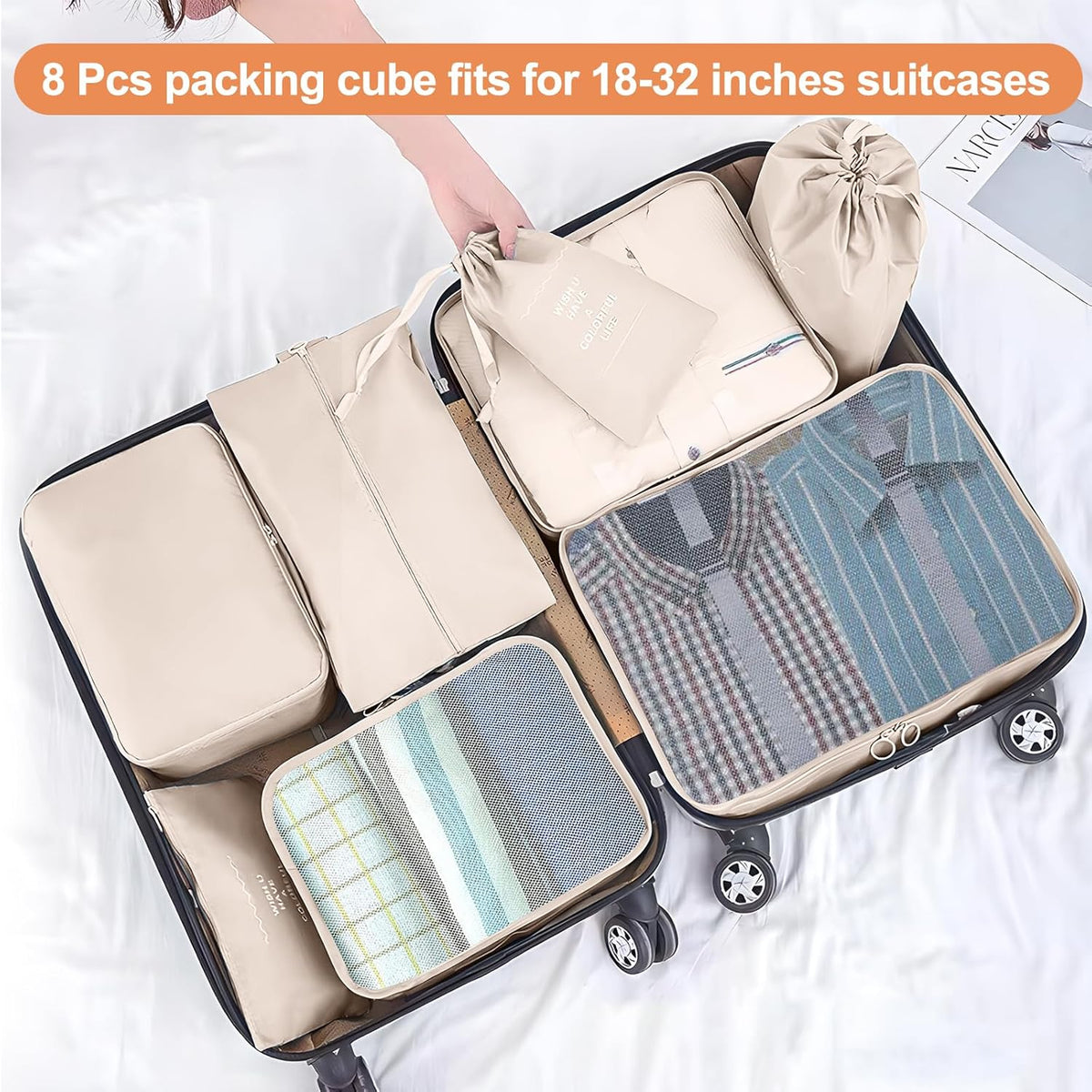 Packing Cubes for Travel- 8 Set Luggage Organizer Bags for Family, Mesh Breathable Travel Packing Cubes for Suitcases Durable Travel Essentials Bags Set (Beige, 8 Set)