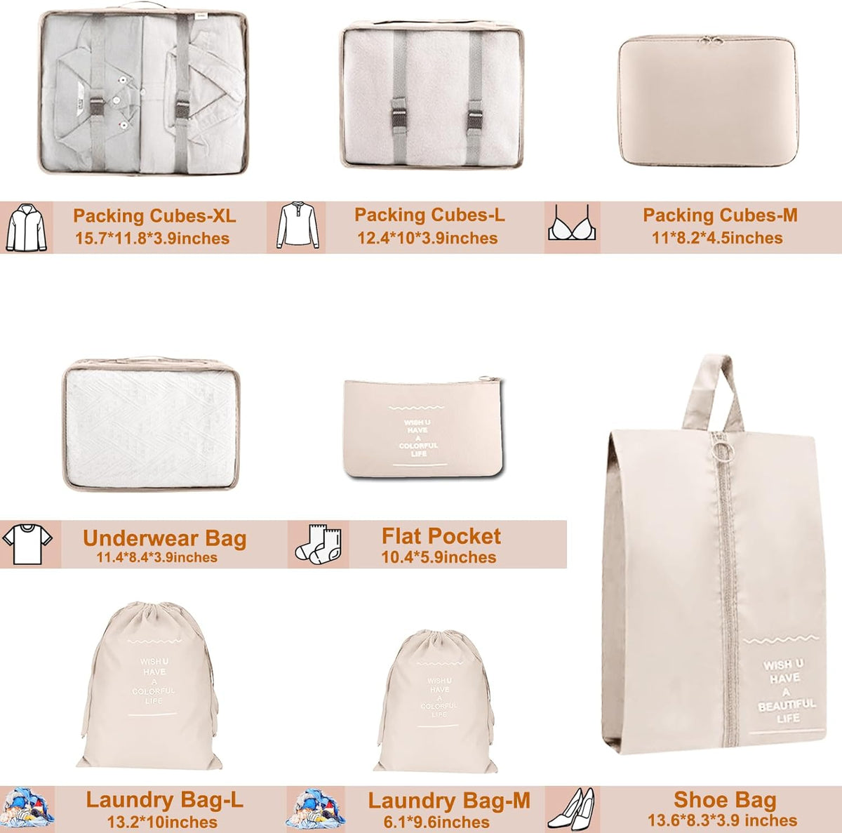 Packing Cubes for Travel- 8 Set Luggage Organizer Bags for Family, Mesh Breathable Travel Packing Cubes for Suitcases Durable Travel Essentials Bags Set (Beige, 8 Set)