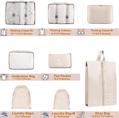 Packing Cubes for Travel- 8 Set Luggage Organizer Bags for Family, Mesh Breathable Travel Packing Cubes for Suitcases Durable Travel Essentials Bags Set (Beige, 8 Set)