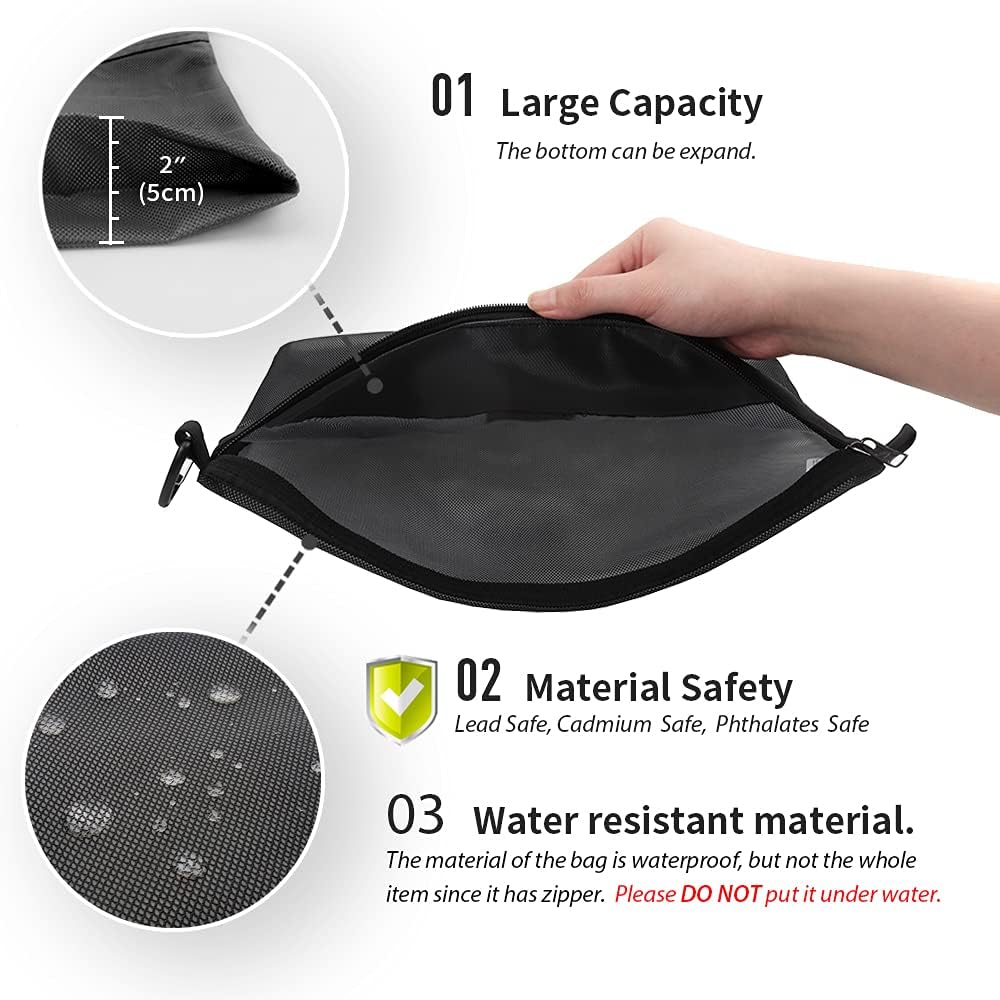 Water-Resistant Material Zipper Pouch, Mesh Zipper Bags for Storage, Travel, Office (Black, Small)