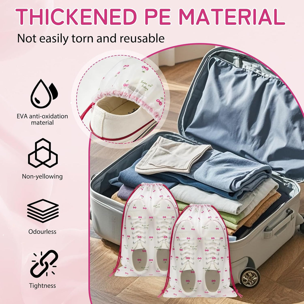 Shoe Bags for Travel, 13.8" x 11.8" Travel Shoe Bags for Packing, Large Waterproof Portable Travel Shoe Storage Bags Travel Essentials Women for and Men (20, Cherry)