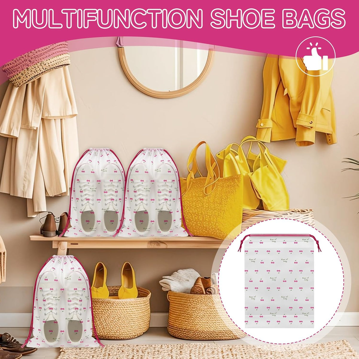 Shoe Bags for Travel, 13.8" x 11.8" Travel Shoe Bags for Packing, Large Waterproof Portable Travel Shoe Storage Bags Travel Essentials Women for and Men (20, Cherry)
