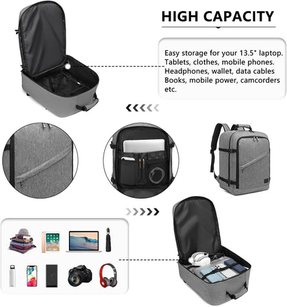 Carry on Backpack, Airline Approved Travel Backpack for Men and Women, Waterproof Lightweight Daypack for Flight (Grey, Medium)