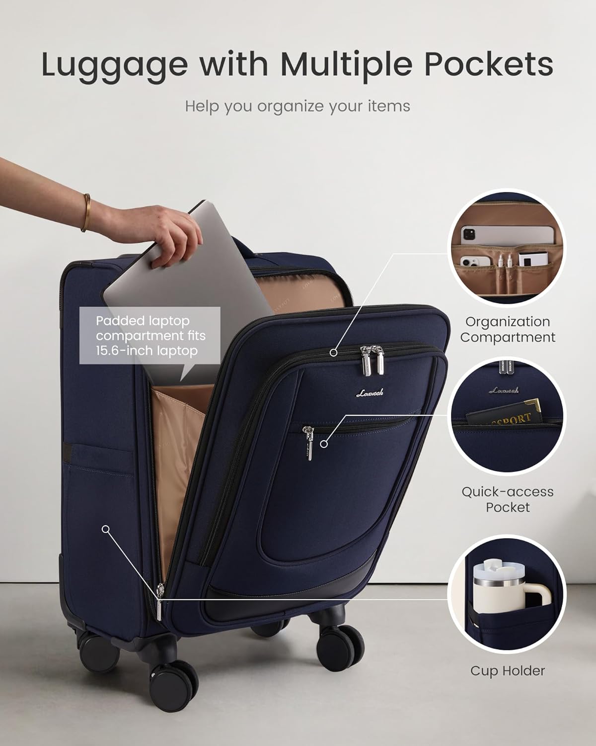 Carry On Luggage 22x14x9 Airline Approved, Softside Suitcase with Spinner Wheels for Men Women, 22 Inch Rolling Luggage with TSA Lock Multiple Compartments for Travel Business Trip