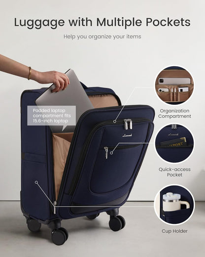 Carry On Luggage 22x14x9 Airline Approved, Softside Suitcase with Spinner Wheels for Men Women, 22 Inch Rolling Luggage with TSA Lock Multiple Compartments for Travel Business Trip
