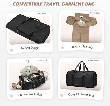 Convertible 2-in-1 Garment Bags for Travel,Women Men Carry On Garment Duffle Bag With Shoe Compartment,Hanging Suit bag,48L,Black