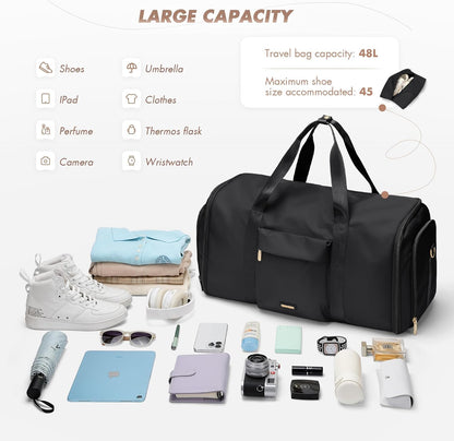 Convertible 2-in-1 Garment Bags for Travel,Women Men Carry On Garment Duffle Bag With Shoe Compartment,Hanging Suit bag,48L,Black