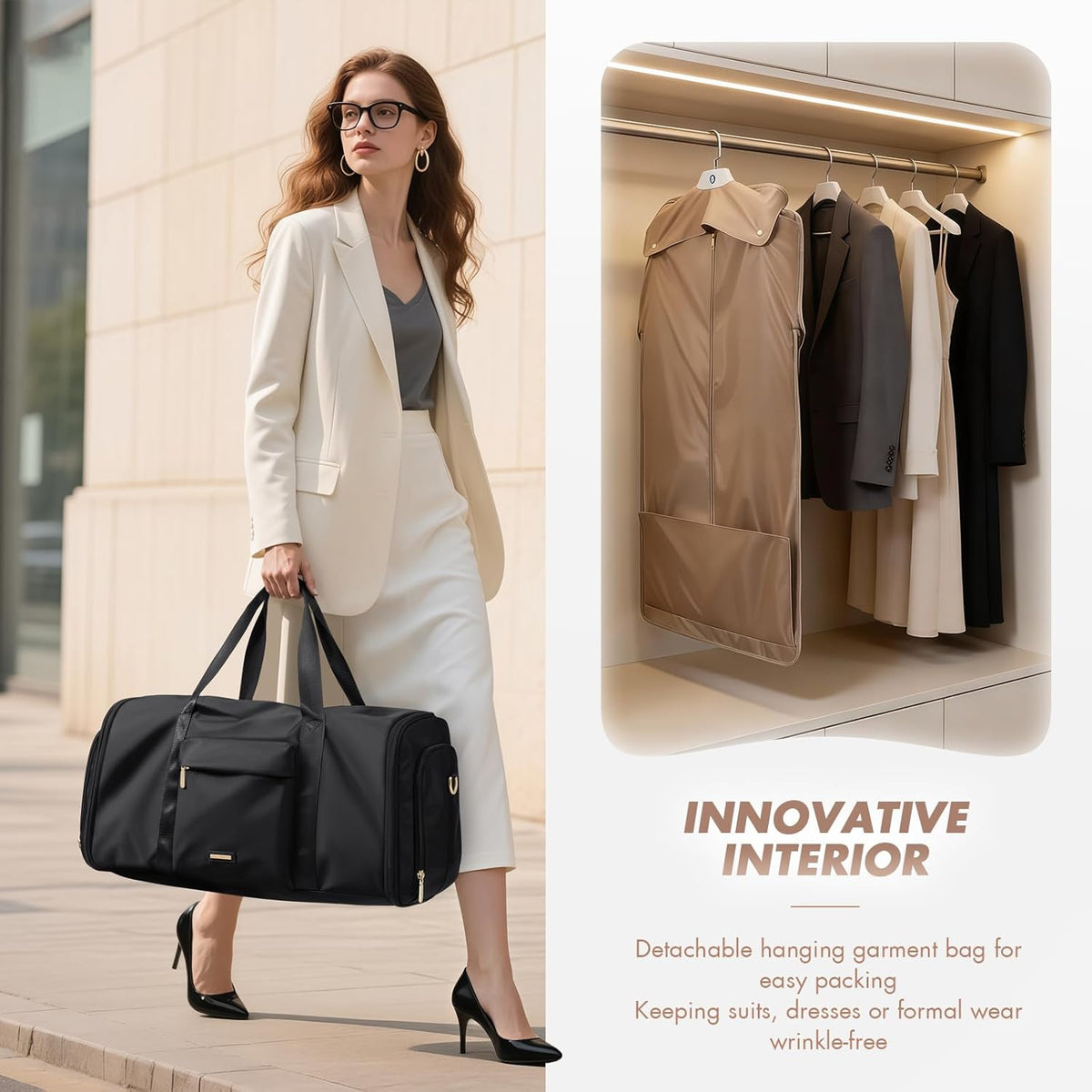Convertible 2-in-1 Garment Bags for Travel,Women Men Carry On Garment Duffle Bag With Shoe Compartment,Hanging Suit bag,48L,Black