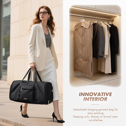 Convertible 2-in-1 Garment Bags for Travel,Women Men Carry On Garment Duffle Bag With Shoe Compartment,Hanging Suit bag,48L,Black
