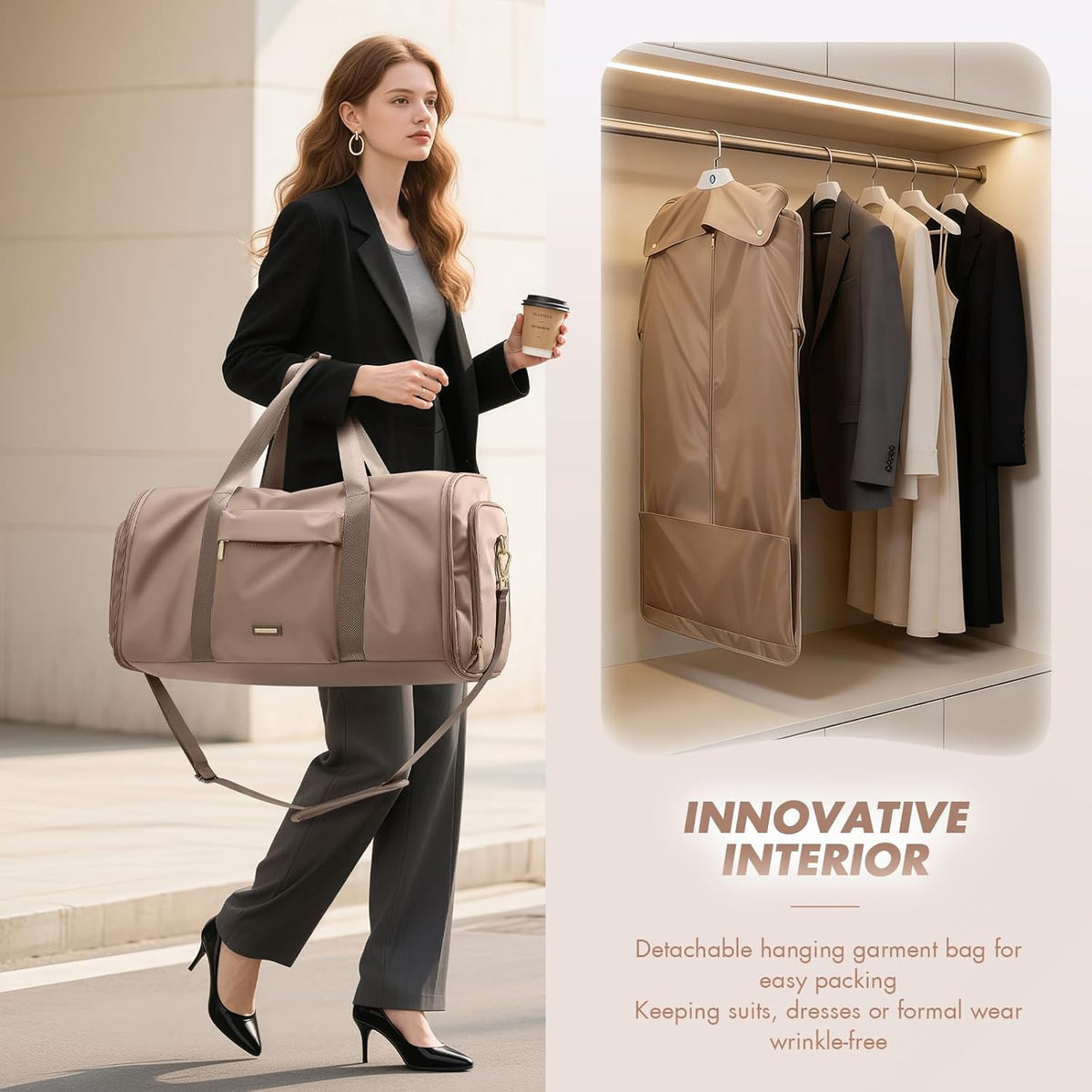 Convertible 2-in-1 Garment Bags for Travel,Women Men Carry On Garment Duffle Bag With Shoe Compartment,Hanging Suit bag,48L,Black