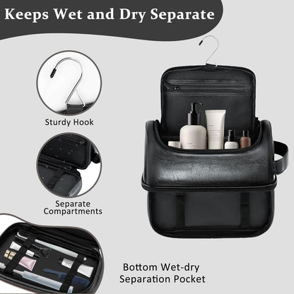 Toiletry Bag for Men Travel Essentials Shaving Dopp Kit with Hanging Hook, Waterproof Toiletry Bag with Dry Wet Separation, PU Leather Travel Organizer for Camping Business, Reddish Brown