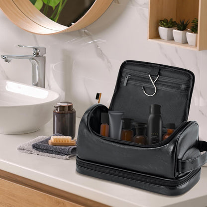 Toiletry Bag for Men Travel Essentials Shaving Dopp Kit with Hanging Hook, Waterproof Toiletry Bag with Dry Wet Separation, PU Leather Travel Organizer for Camping Business, Reddish Brown