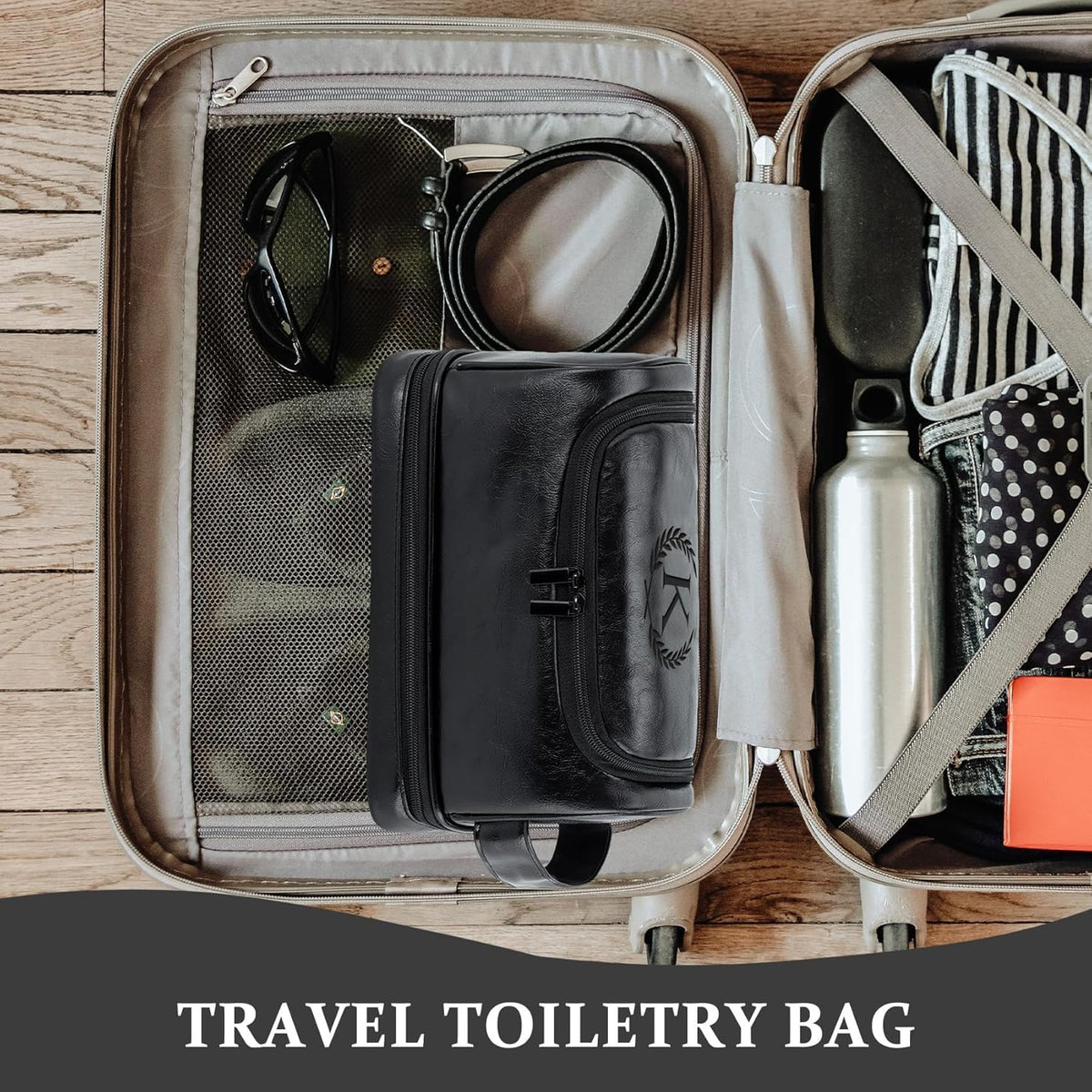 Toiletry Bag for Men Travel Essentials Shaving Dopp Kit with Hanging Hook, Waterproof Toiletry Bag with Dry Wet Separation, PU Leather Travel Organizer for Camping Business, Reddish Brown