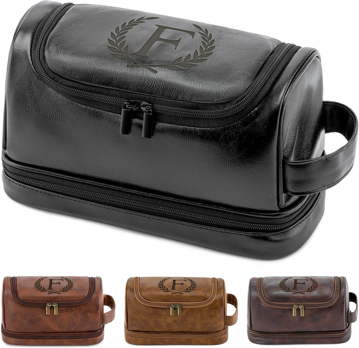 Toiletry Bag for Men Travel Essentials Shaving Dopp Kit with Hanging Hook, Waterproof Toiletry Bag with Dry Wet Separation, PU Leather Travel Organizer for Camping Business, Reddish Brown