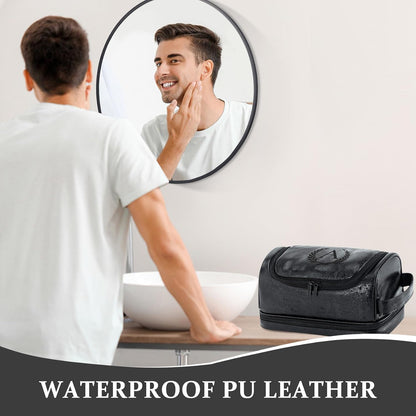 Toiletry Bag for Men Travel Essentials Shaving Dopp Kit with Hanging Hook, Waterproof Toiletry Bag with Dry Wet Separation, PU Leather Travel Organizer for Camping Business, Reddish Brown