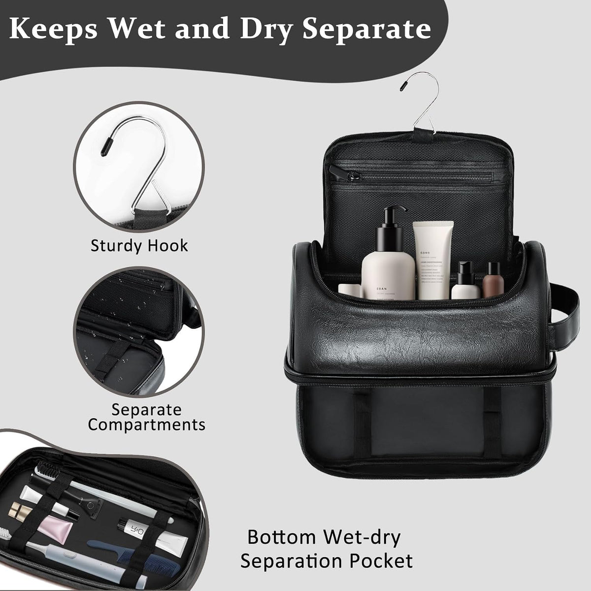 Toiletry Bag for Men Travel Essentials Shaving Dopp Kit with Hanging Hook, Waterproof Toiletry Bag with Dry Wet Separation, PU Leather Travel Organizer for Camping Business, Reddish Brown