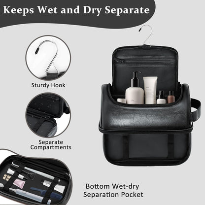 Toiletry Bag for Men Travel Essentials Shaving Dopp Kit with Hanging Hook, Waterproof Toiletry Bag with Dry Wet Separation, PU Leather Travel Organizer for Camping Business, Reddish Brown