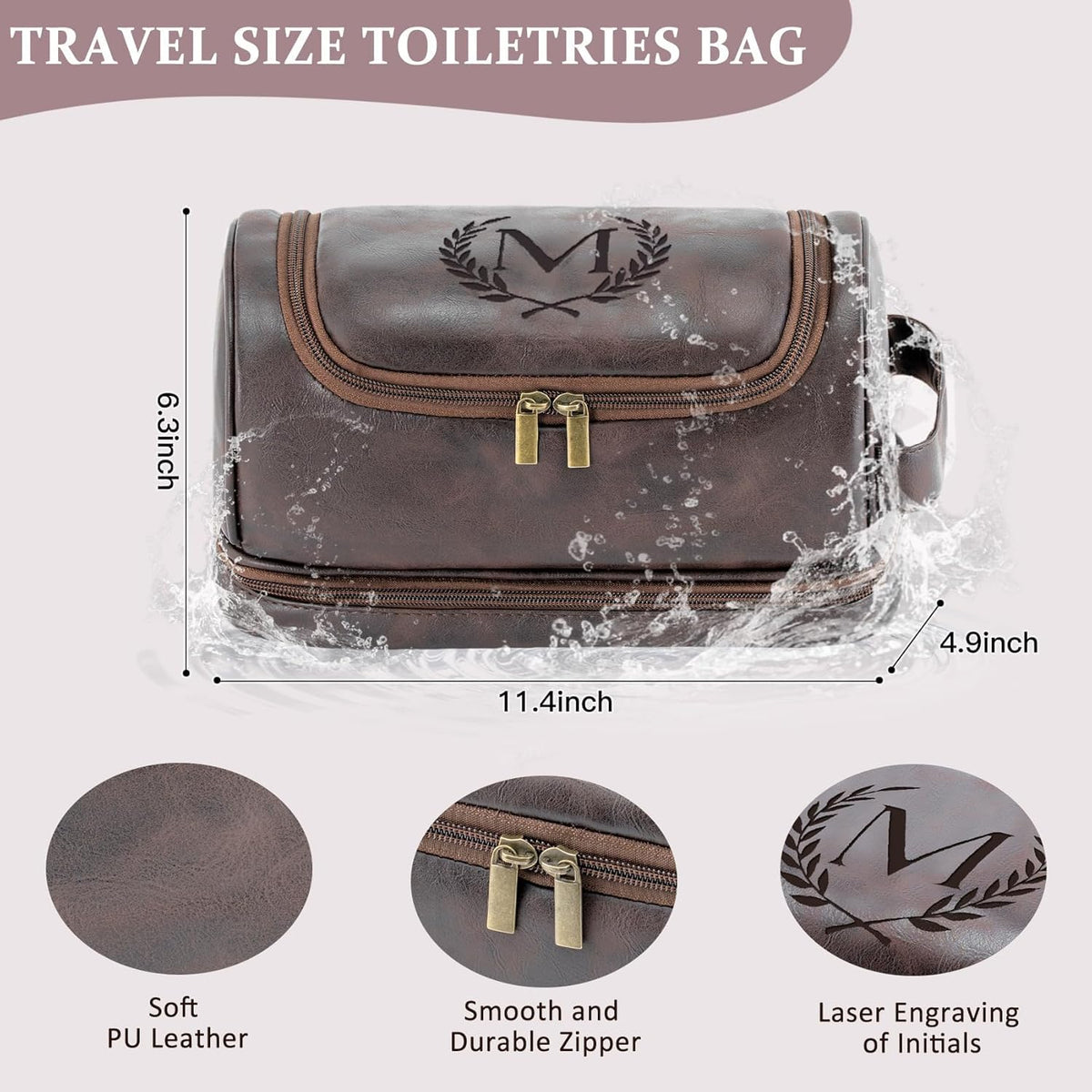 Toiletry Bag for Men Travel Essentials Shaving Dopp Kit with Hanging Hook, Waterproof Toiletry Bag with Dry Wet Separation, PU Leather Travel Organizer for Camping Business, Reddish Brown