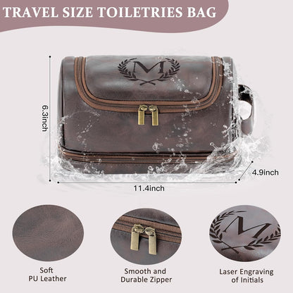 Toiletry Bag for Men Travel Essentials Shaving Dopp Kit with Hanging Hook, Waterproof Toiletry Bag with Dry Wet Separation, PU Leather Travel Organizer for Camping Business, Reddish Brown