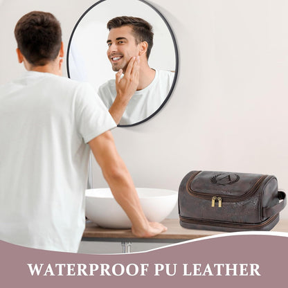 Toiletry Bag for Men Travel Essentials Shaving Dopp Kit with Hanging Hook, Waterproof Toiletry Bag with Dry Wet Separation, PU Leather Travel Organizer for Camping Business, Reddish Brown