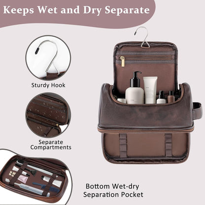 Toiletry Bag for Men Travel Essentials Shaving Dopp Kit with Hanging Hook, Waterproof Toiletry Bag with Dry Wet Separation, PU Leather Travel Organizer for Camping Business, Reddish Brown