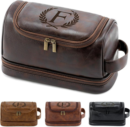 Toiletry Bag for Men Travel Essentials Shaving Dopp Kit with Hanging Hook, Waterproof Toiletry Bag with Dry Wet Separation, PU Leather Travel Organizer for Camping Business, Reddish Brown