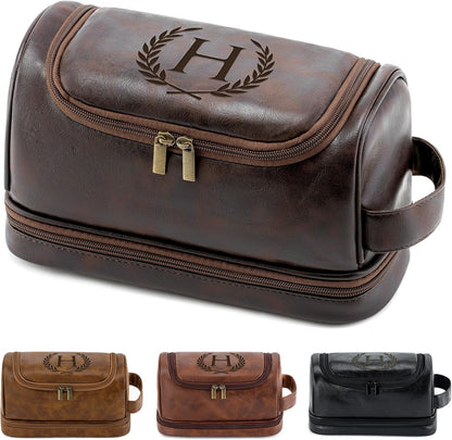 Toiletry Bag for Men Travel Essentials Shaving Dopp Kit with Hanging Hook, Waterproof Toiletry Bag with Dry Wet Separation, PU Leather Travel Organizer for Camping Business, Reddish Brown