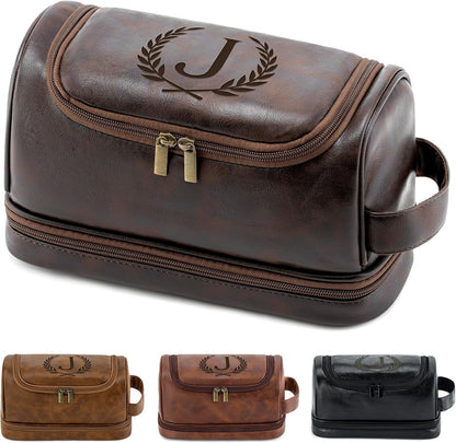 Toiletry Bag for Men Travel Essentials Shaving Dopp Kit with Hanging Hook, Waterproof Toiletry Bag with Dry Wet Separation, PU Leather Travel Organizer for Camping Business, Reddish Brown