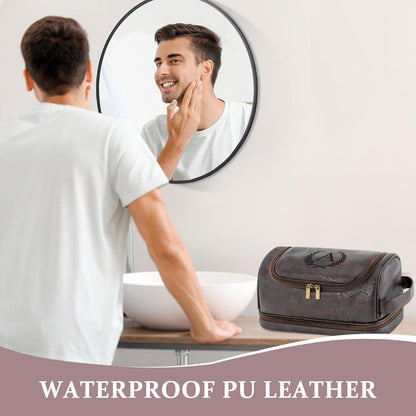 Toiletry Bag for Men Travel Essentials Shaving Dopp Kit with Hanging Hook, Waterproof Toiletry Bag with Dry Wet Separation, PU Leather Travel Organizer for Camping Business, Reddish Brown