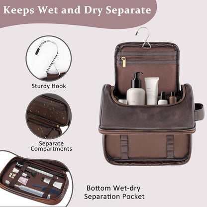 Toiletry Bag for Men Travel Essentials Shaving Dopp Kit with Hanging Hook, Waterproof Toiletry Bag with Dry Wet Separation, PU Leather Travel Organizer for Camping Business, Reddish Brown