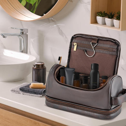 Toiletry Bag for Men Travel Essentials Shaving Dopp Kit with Hanging Hook, Waterproof Toiletry Bag with Dry Wet Separation, PU Leather Travel Organizer for Camping Business, Reddish Brown