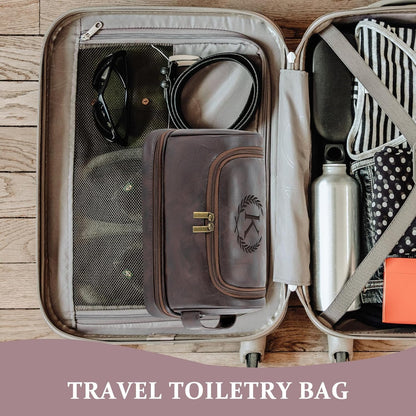 Toiletry Bag for Men Travel Essentials Shaving Dopp Kit with Hanging Hook, Waterproof Toiletry Bag with Dry Wet Separation, PU Leather Travel Organizer for Camping Business, Reddish Brown