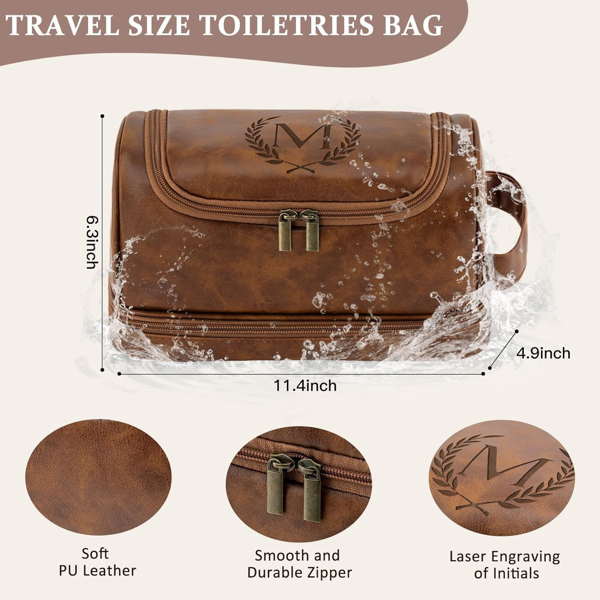 Toiletry Bag for Men Travel Essentials Shaving Dopp Kit with Hanging Hook, Waterproof Toiletry Bag with Dry Wet Separation, PU Leather Travel Organizer for Camping Business, Reddish Brown